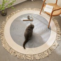 Tapis rond gris et beige avec pompons en coton et lin ETNA