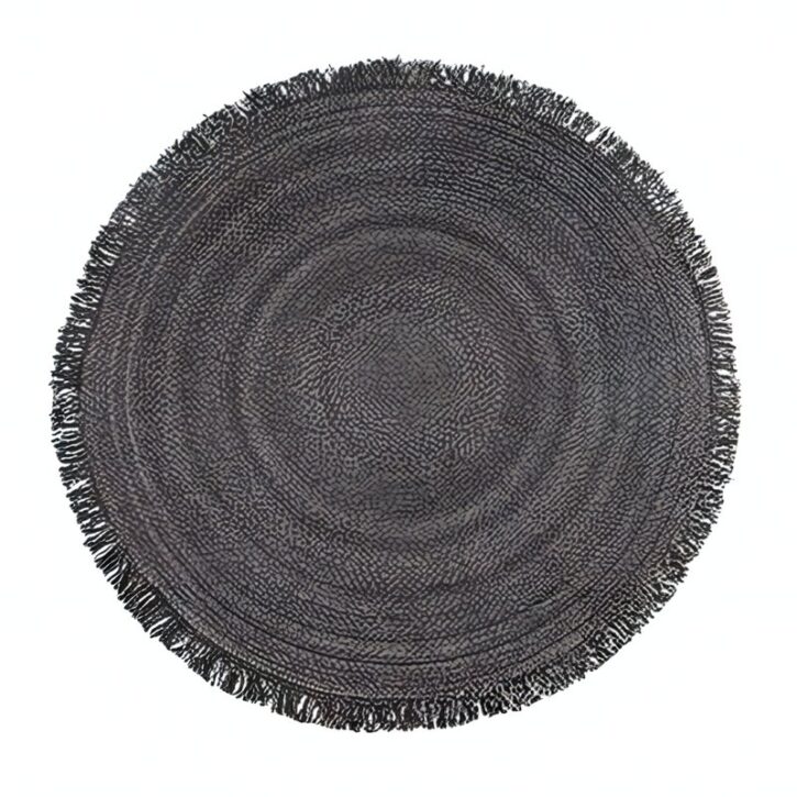 Tapis rond gris foncé en laine tissé avec froufrous BRIAD