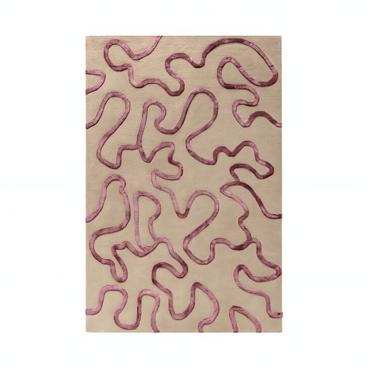 Tapis rose et beige rectangulaire motifs abstraits lignes entrelacées PUXU
