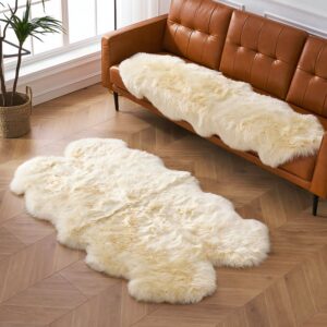 Tapis shaggy en laine naturelle véritable blanc cassé DAJU