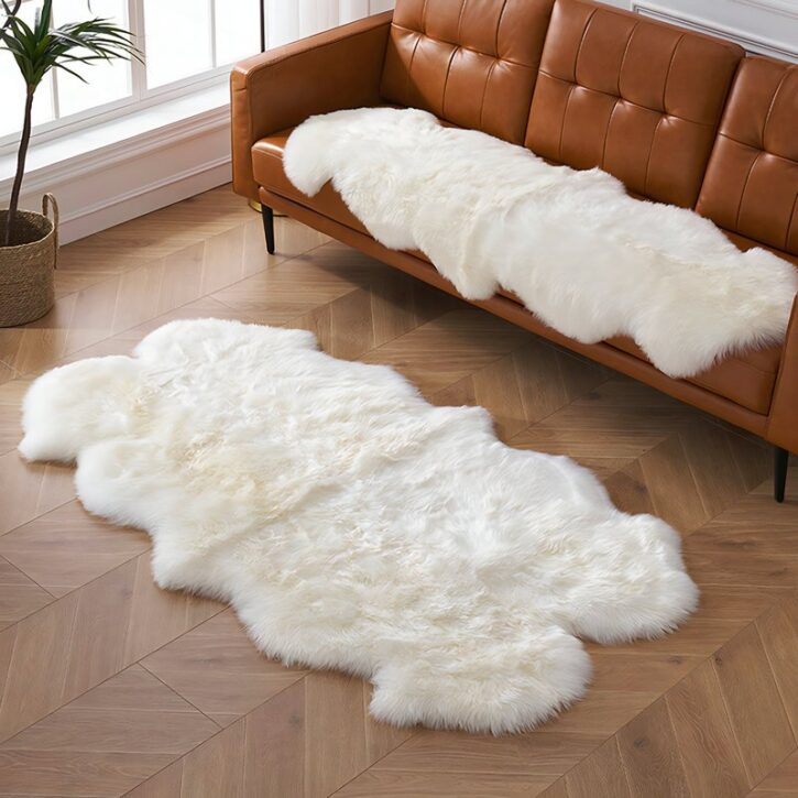 Tapis shaggy en laine naturelle véritable blanche DAJU