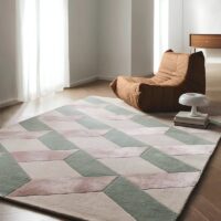 Tapis vert rose et beige motifs géométriques en perspective PUXU